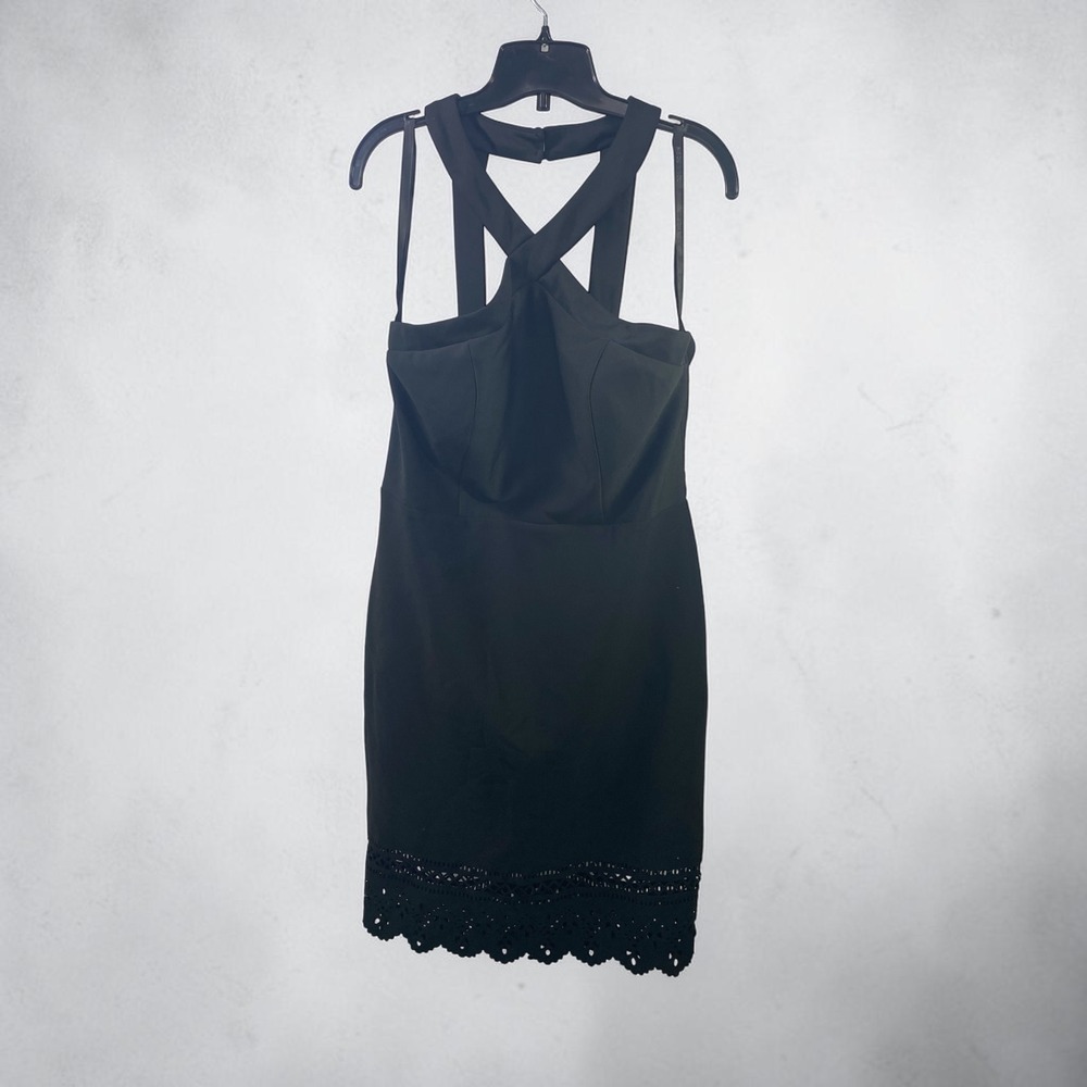 Bisou Bisou Michele Bohbot Black Halter Cocktail Dress Eyelet Lace Hem Size 16